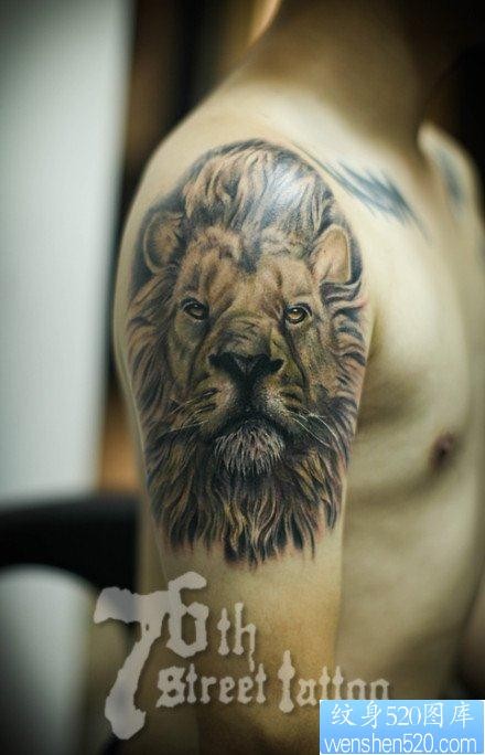 男性手臂经典前卫的彩色狮头纹身图片