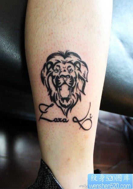腿部经典帅气的图腾狮头纹身图片