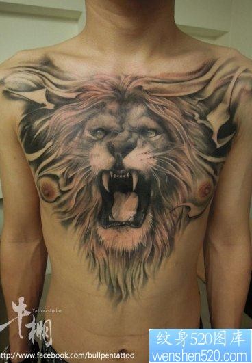 胸口霸气狮子纹身作品