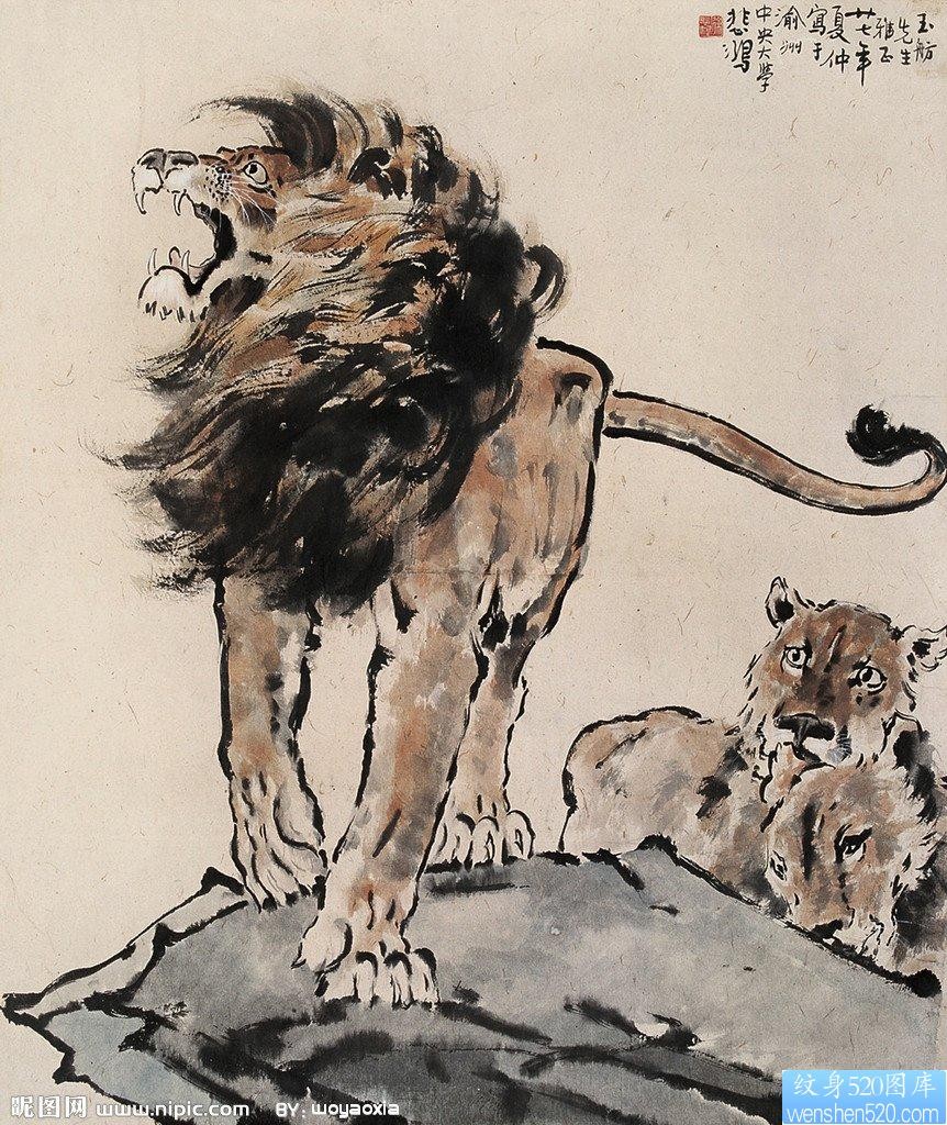 推荐一张水墨画狮子纹身手稿