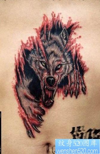 狼纹身作品：腹部撕皮狼狼头纹身图案