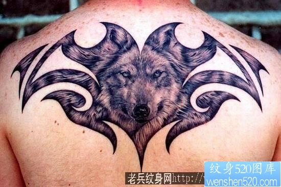 狼纹身作品：经典霸气背部狼头纹身图案