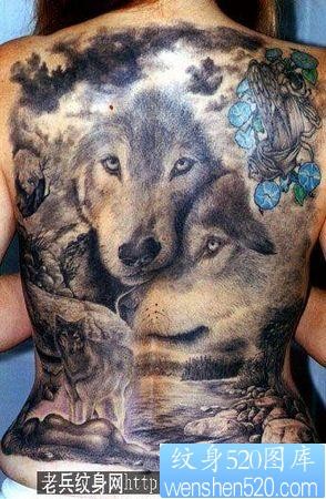 狼纹身作品：满背狼狼头纹身图案