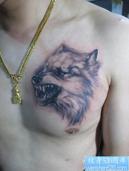 男生前胸凶悍时尚的狼头纹身作品