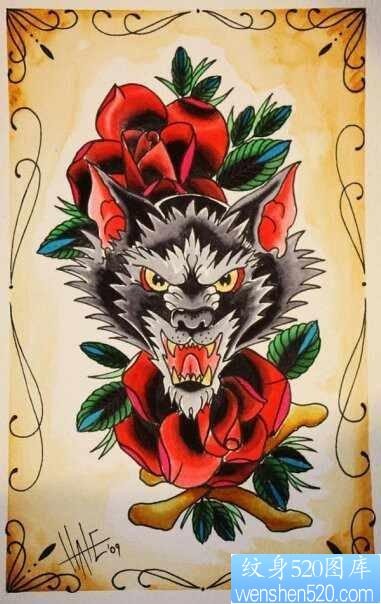 一幅经典潮流的的欧美狼头纹身作品