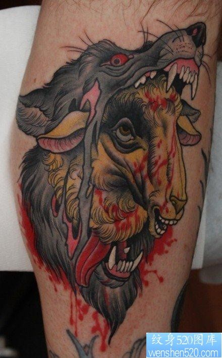 腿部超酷经典的school狼头纹身作品