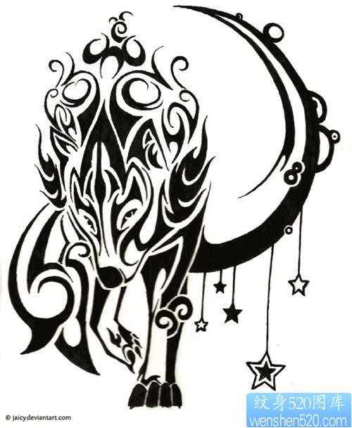 一幅霸气超牛的图腾狼纹身作品