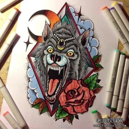 时尚很酷的一幅狼头纹身手稿