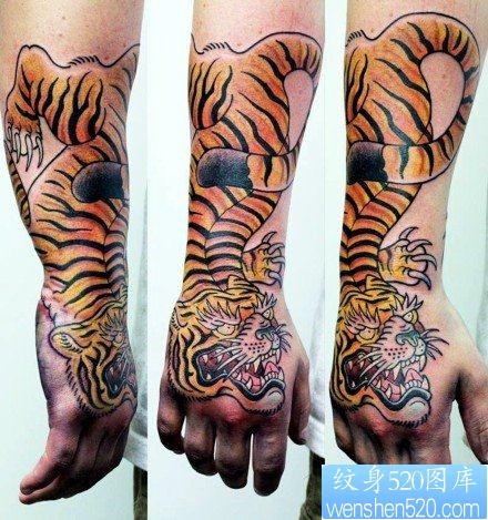 手臂到手背潮流很酷的老虎纹身图片
