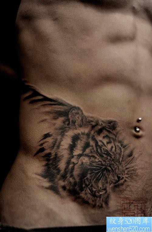 男生腹部经典很酷的虎头纹身图片