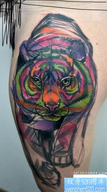 一幅另类的彩色老虎纹身图片