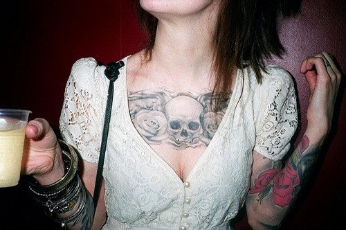 女性胸前骷髅图腾欧美刺青