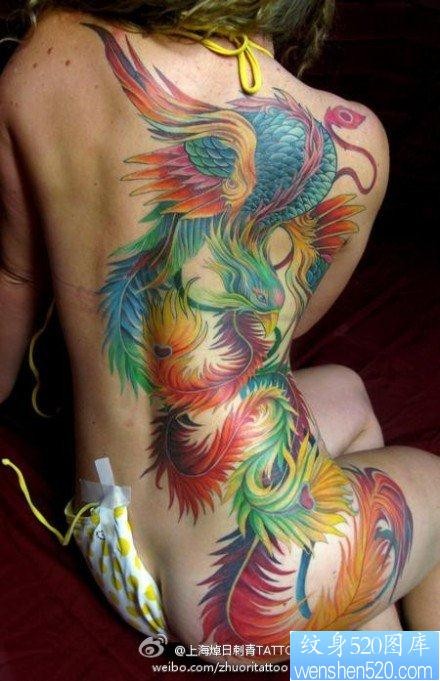 女性背部彩色凤凰纹身图片