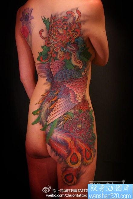 女性背部侧腰到臀部好看的彩色凤凰纹身图片