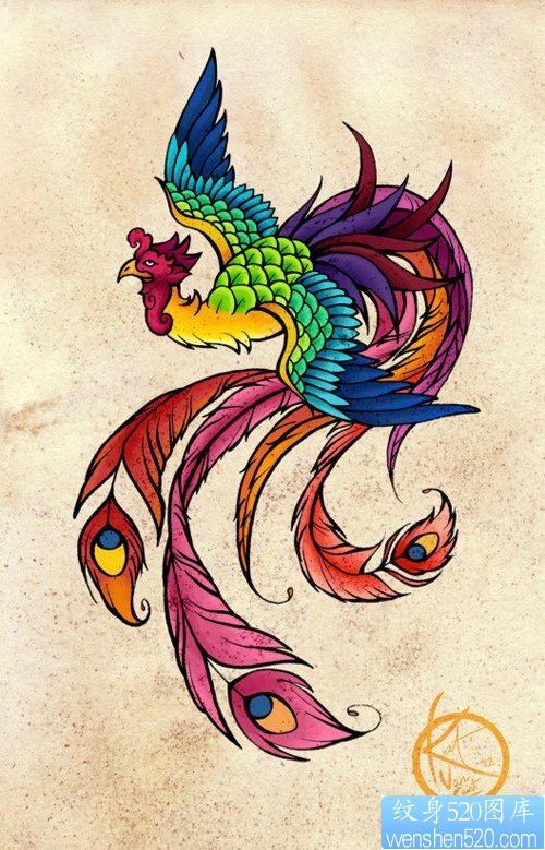 时尚漂亮的一幅彩色凤凰纹身手稿