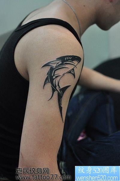 大臂帅气的图腾鲨鱼纹身图片