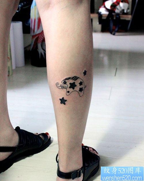 女孩子腿部图腾小象与五角星纹身图片