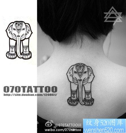 女人背部可爱流行的大象纹身图片
