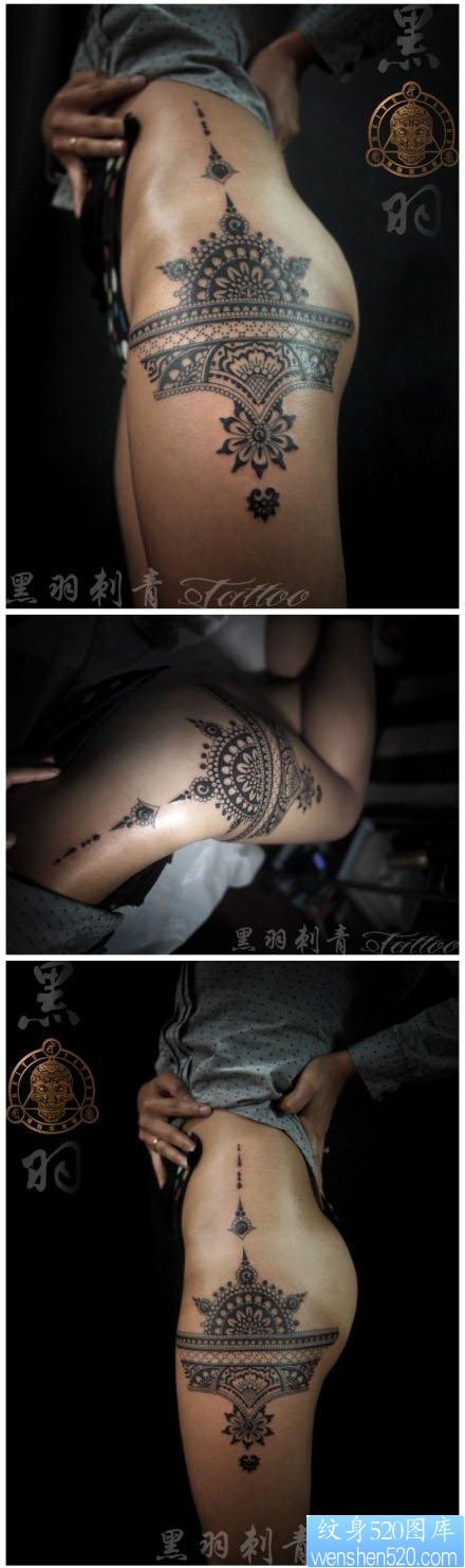 女人腿部胯部海娜花纹身图片