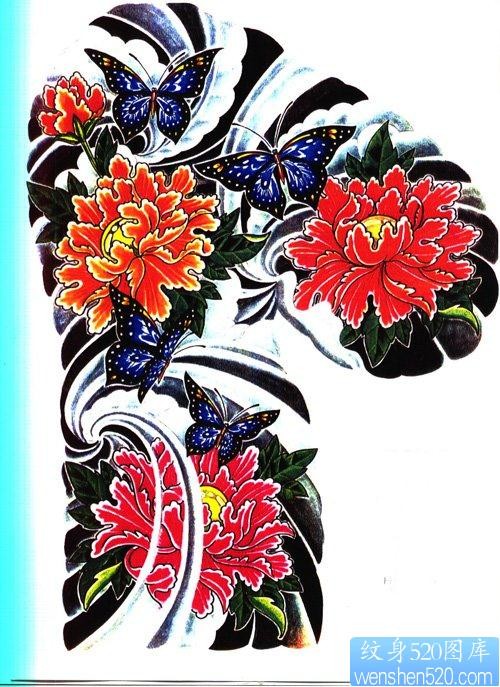 纹身520图库一幅唯美经典日式老传统半甲牡丹蝴蝶纹身图片