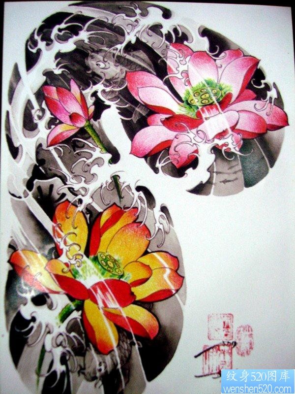 中国传统好看唯美彩色半甲莲花纹身手稿图片展示