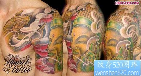 半甲纹身图片：彩色半胛佛头佛像鲤鱼纹身图片纹身作品