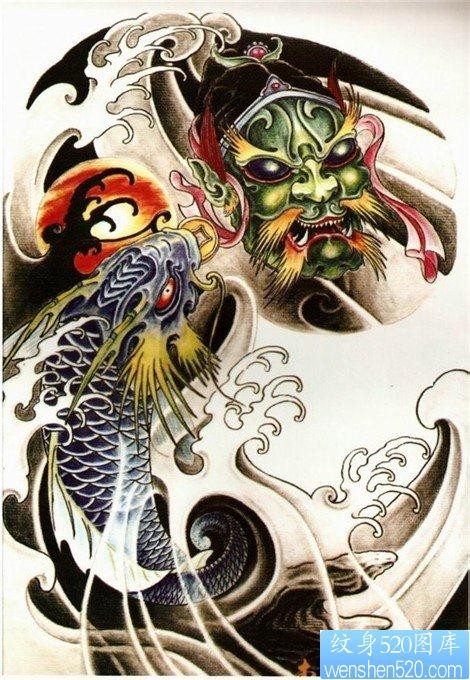 半甲莲花纹身图片：彩色鳌鱼鬼头纹身图片纹身作品
