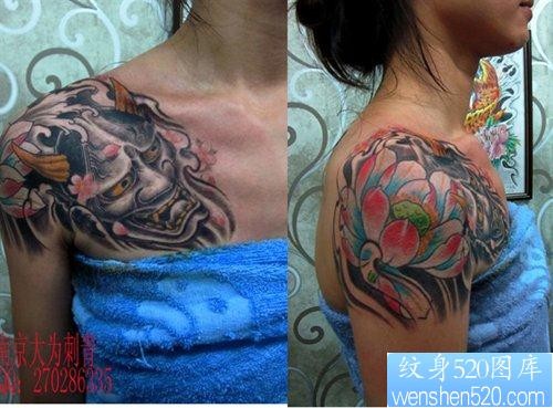 南京纹身图片展示：一幅美女的半甲般若与莲花纹身图片