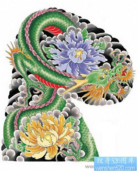 日式老传统半胛龙戏牡丹纹身图片作品