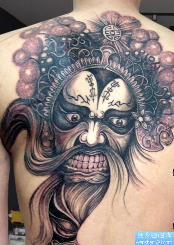 后背纹身图片：超酷的满背京剧脸谱肖像纹身图片作品