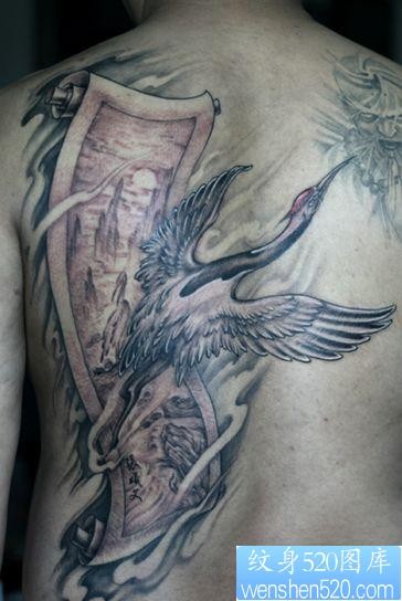 背部纹身图片：背部白鹤仙鹤丹顶鹤纹身图片纹身作品