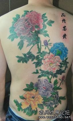一幅满背工笔画牡丹纹身图片