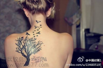 美女背部图腾树小鸟纹身图片
