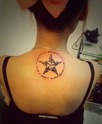 女孩子背部好看的图腾五角星字母纹身图片