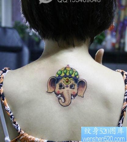 女人背部可爱的小象纹身图片