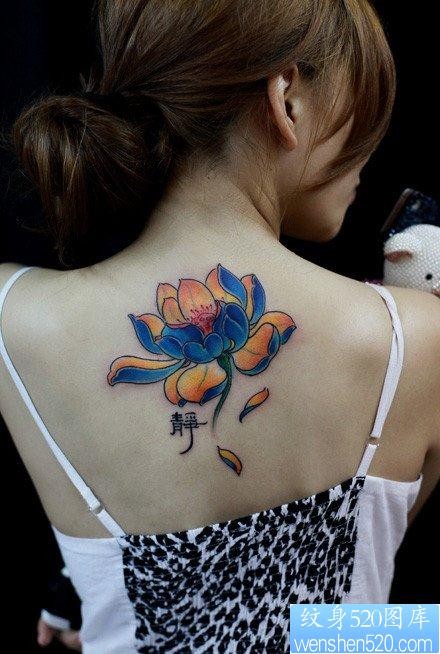美女背部漂亮的彩色莲花纹身图片