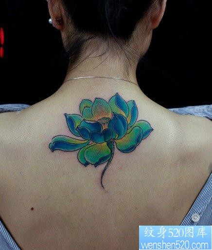 女人背部漂亮的彩色莲花纹身图片