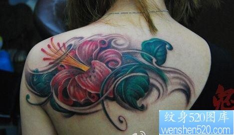 美女背部精美好看的百合花纹身图片