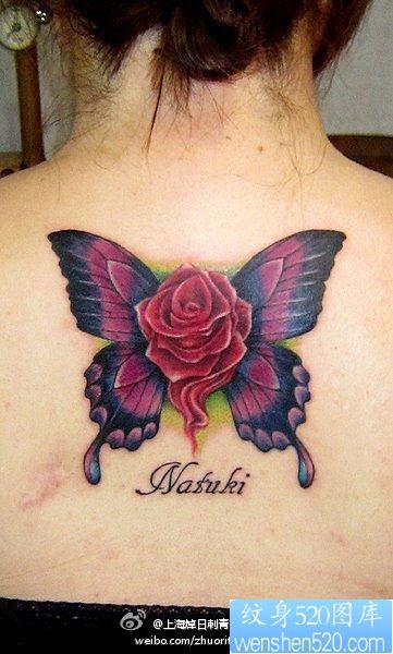 女人背部好看的玫瑰花与蝴蝶翅膀纹身图片