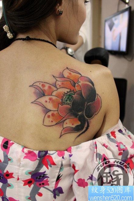 女孩子背部唯美好看的彩色莲花纹身图片