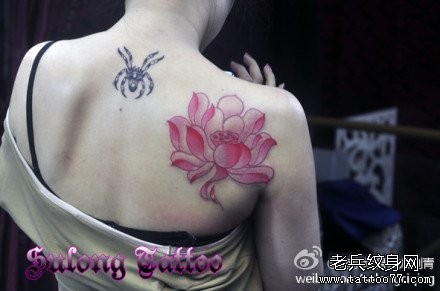 美女背部潮流精美的彩色莲花纹身图片