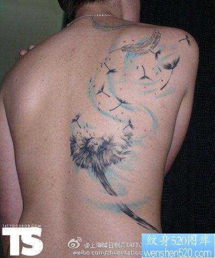 一幅男生背部唯美的蒲公英纹身图片