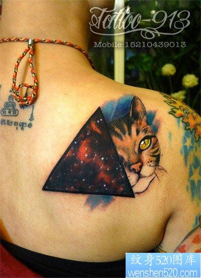 女人背部潮流经典的星空与猫咪纹身图片
