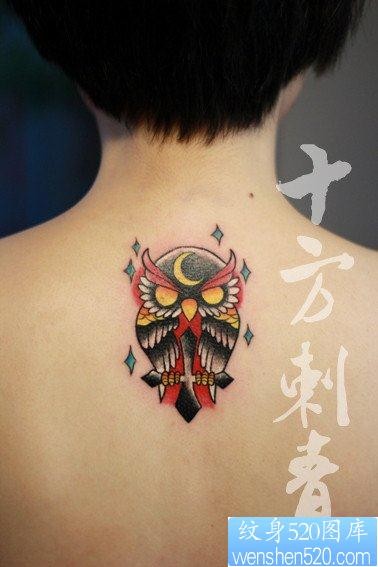 女人背部潮流可爱的猫头鹰纹身图片