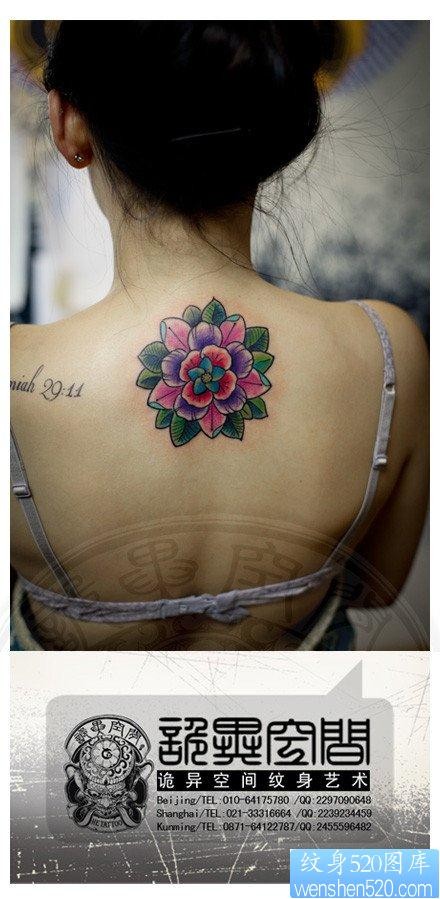 女人背部流行潮流的花卉纹身图片