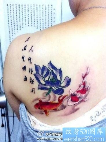 女人后背漂亮唯美的莲花鲤鱼纹身图片