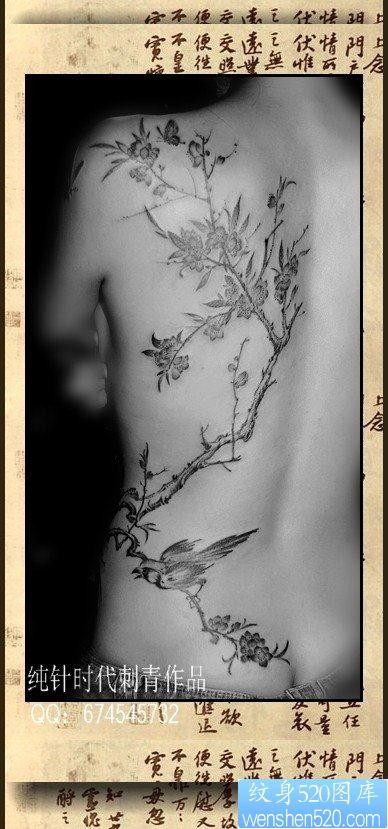 美女后背唯美潮流的桃花啼鸟图纹身图片