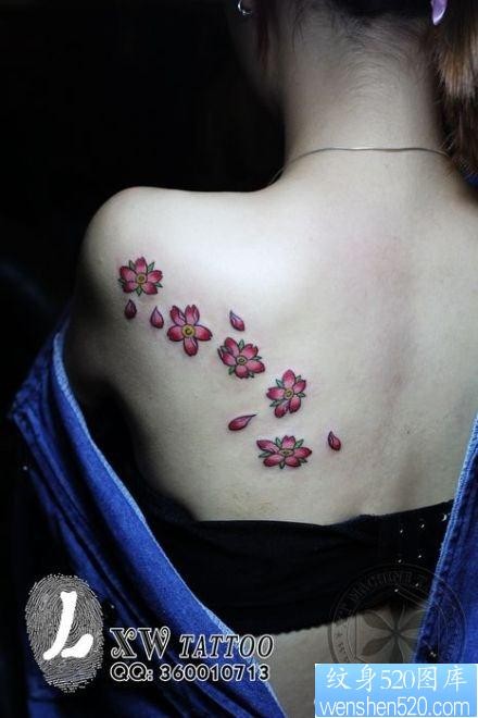 美女背部小巧好看的樱花纹身图片