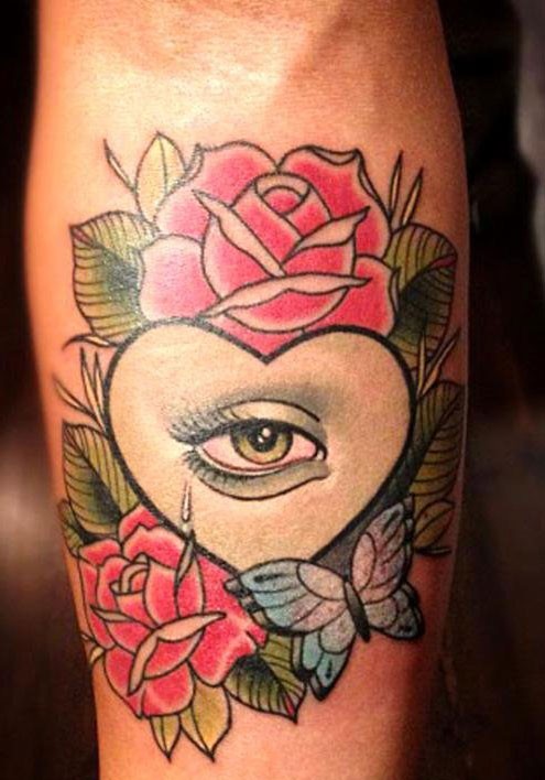 一组漂亮的爱心玫瑰花纹身图片