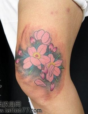 美女腿部好看的樱花纹身图片